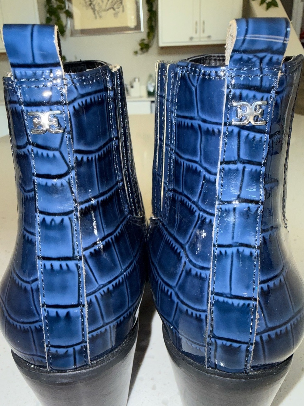 Sam Edelman Navy Croc-Embossed Patent Ankle Booties - Picture 10 of 14